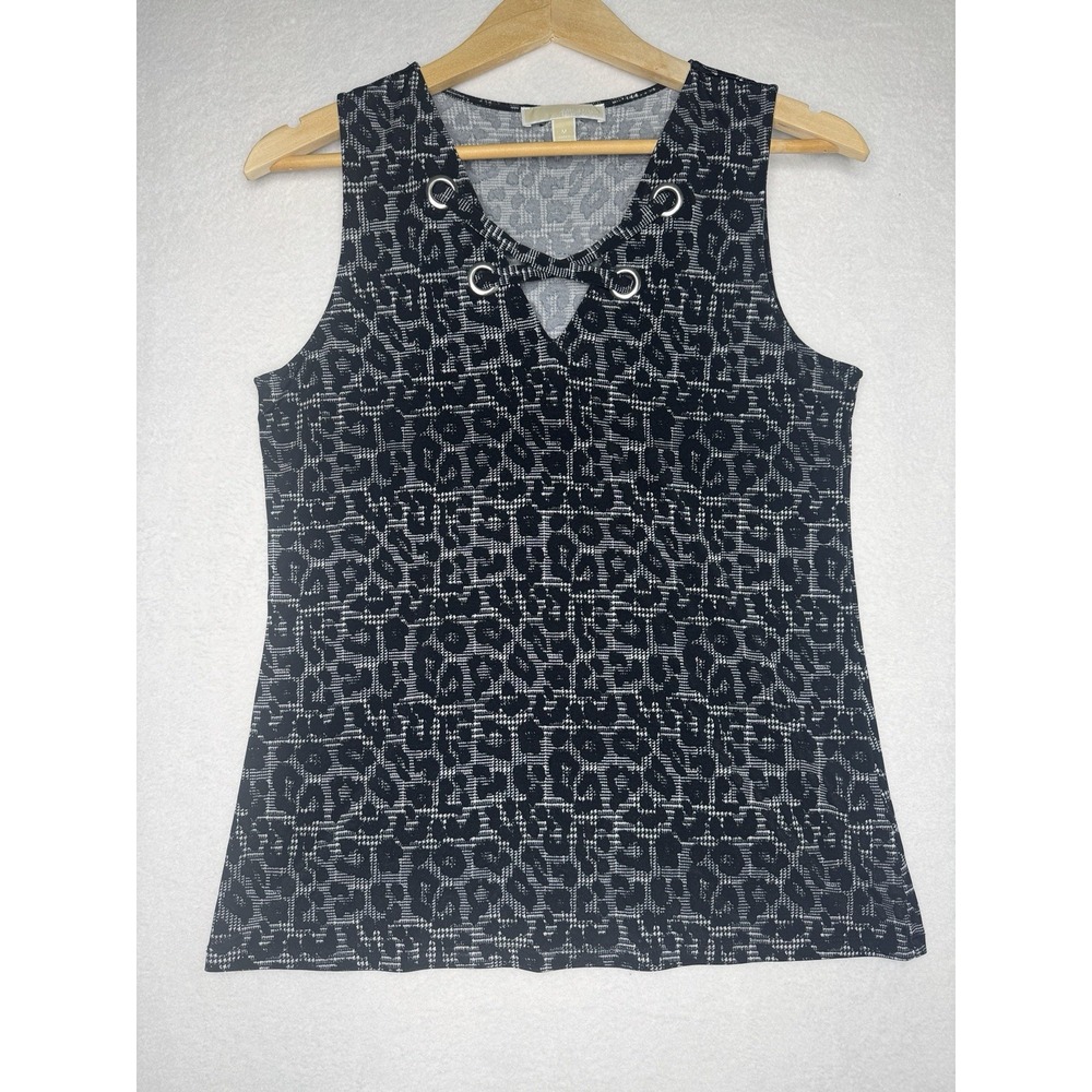 Michael Kors Blouse Women's Medium Black Cheetah Print Sleeveless Eyelet Grommet